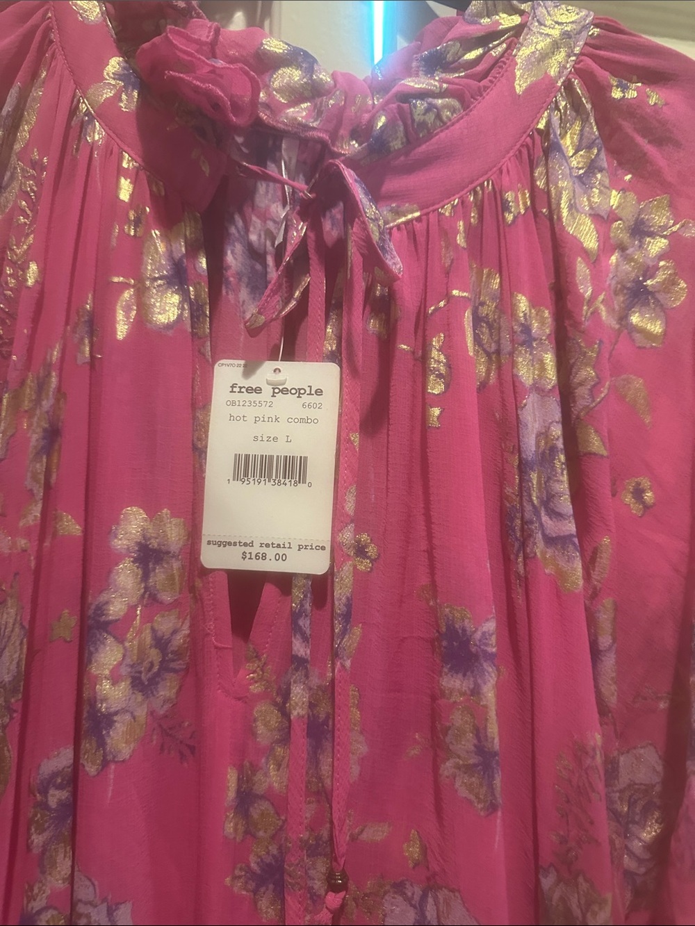 Free People Floral Tie-Neck Long Sleeve Midi Dress - Pink - Picture 4 of 6
